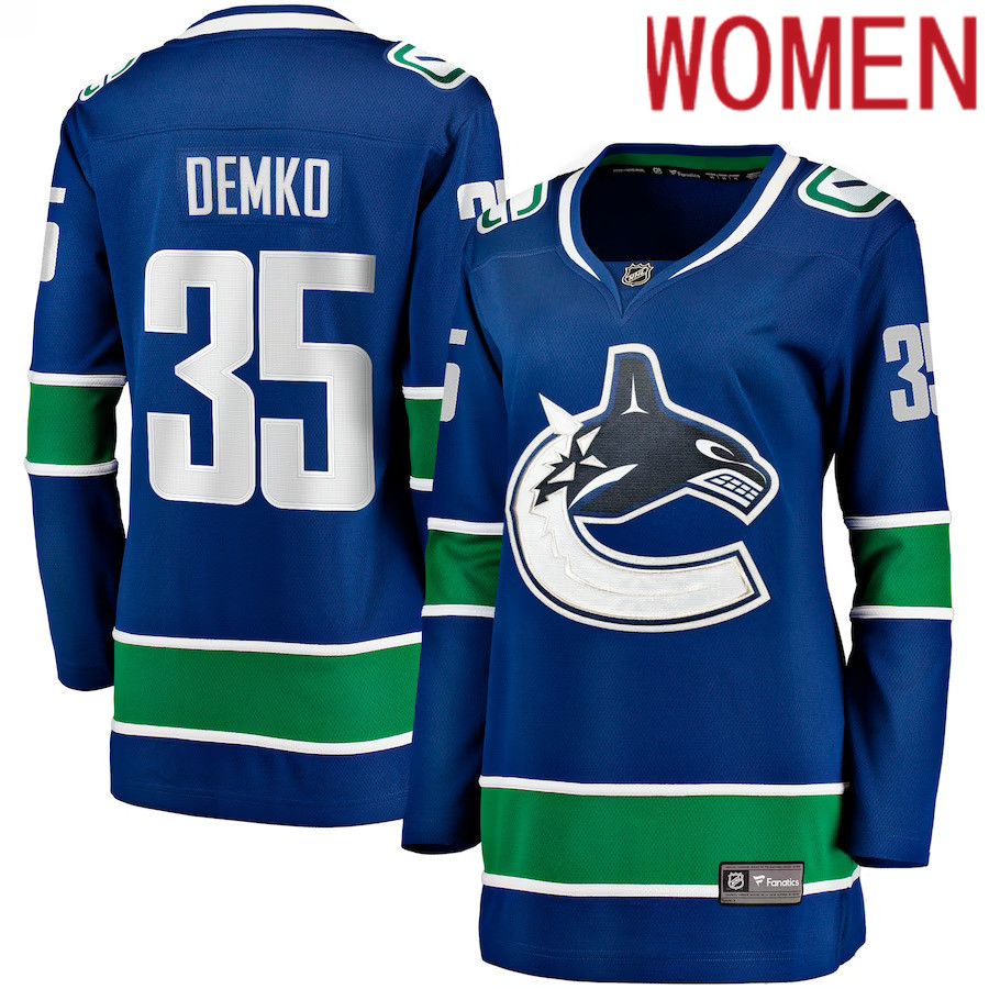 Women Vancouver Canucks 35 Thatcher Demko Fanatics Branded Blue Home Breakaway NHL Jersey